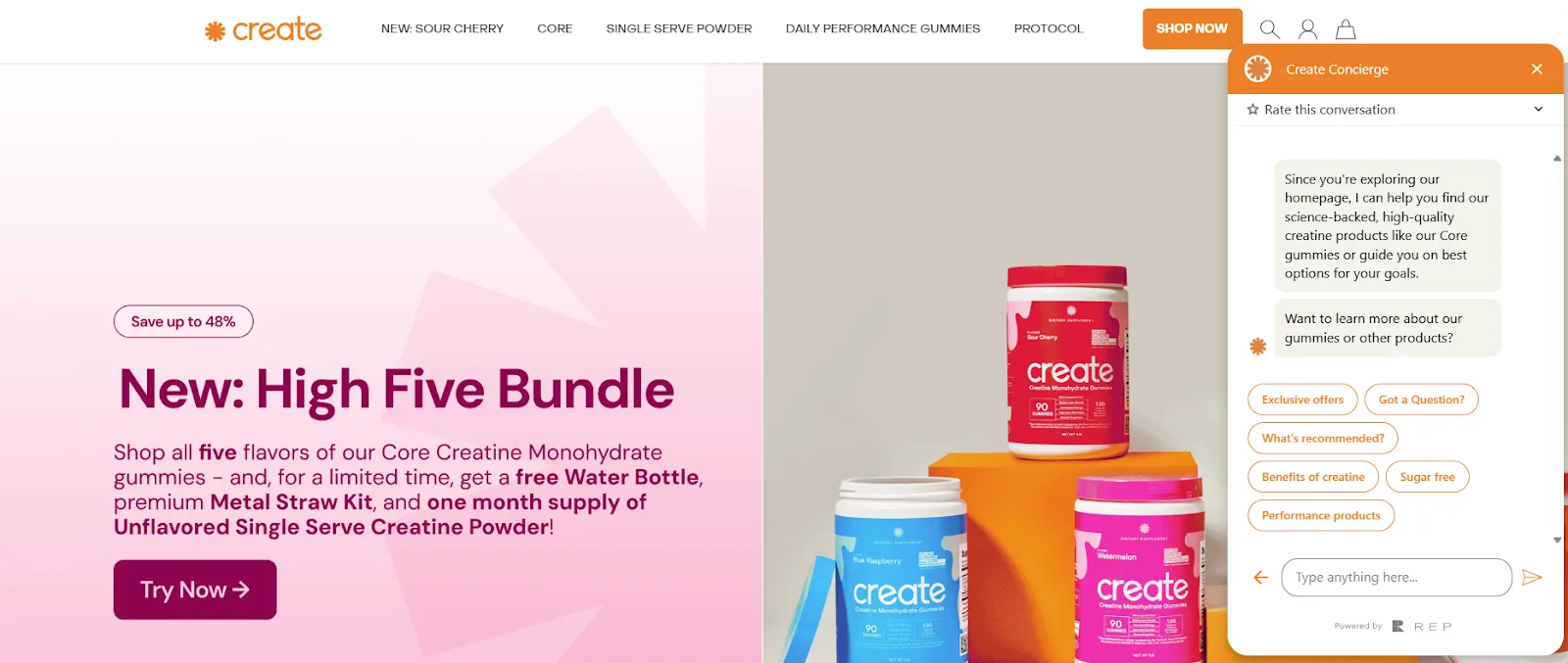A supplement storefront with its concierge chat widget open, offering product suggestions and quick replies such as Benefits of creatine and What’s recommended?