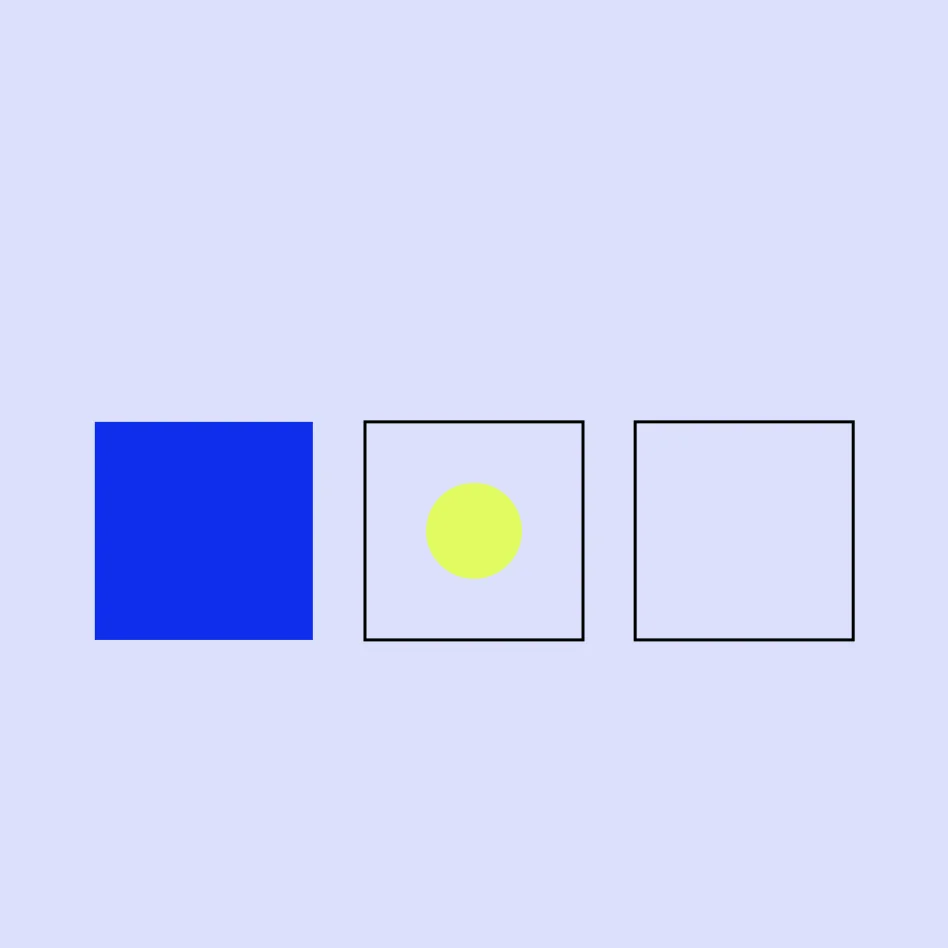 Abstract graphic: a row of three squares, one solid blue and two outlined, with a lime dot in the middle square, on a periwinkle field.