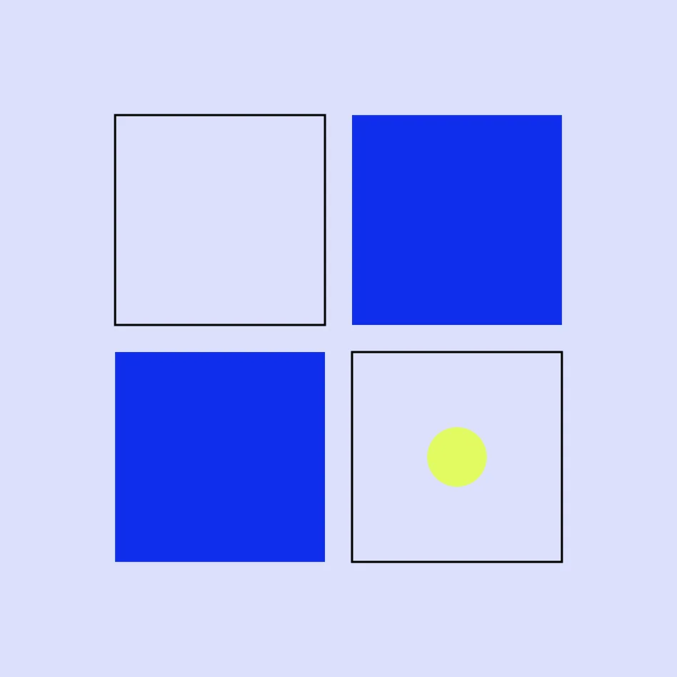 Abstract graphic: a two-by-two grid of squares, two solid blue and two outlined, with a lime dot, on a periwinkle field.
