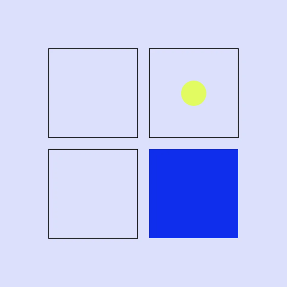 Abstract graphic: a two-by-two grid of squares, one solid blue and three outlined, with a lime dot, on a periwinkle field.