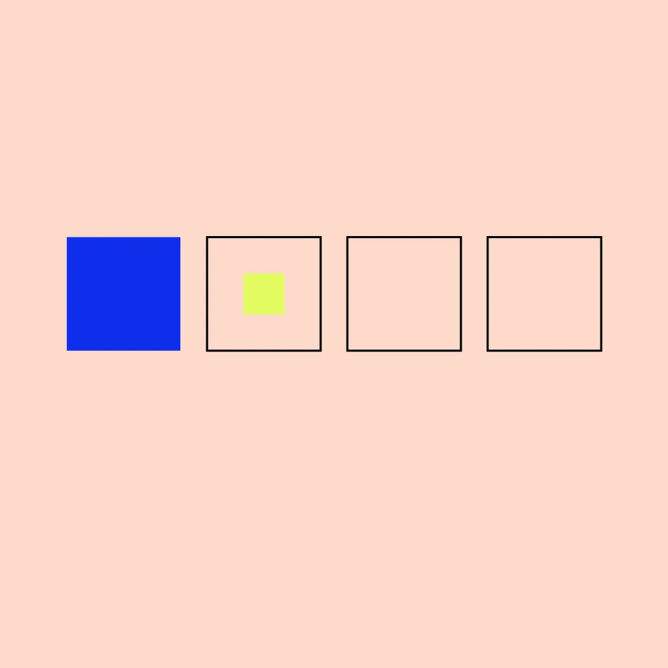 Abstract graphic: a row of four squares, the first solid blue and the rest outlined, with a small lime square, on a peach field.