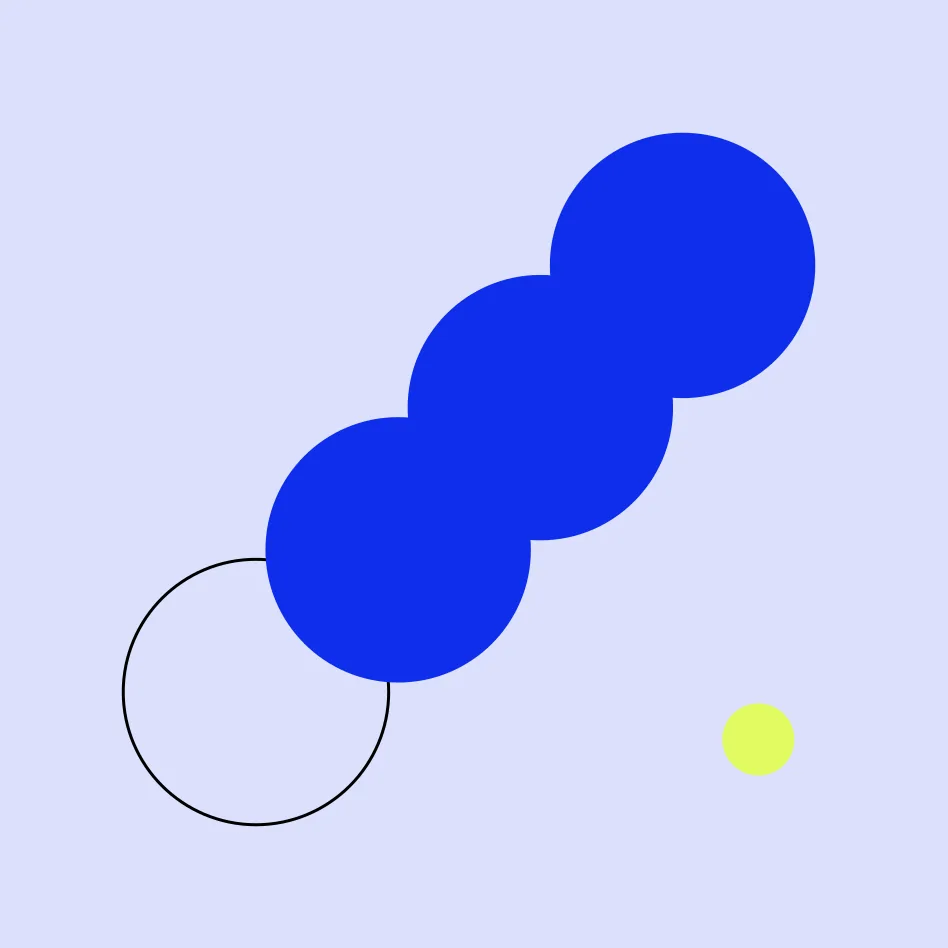 Abstract graphic: three blue circles stacked diagonally beside an outlined circle and a lime dot, on a periwinkle field.