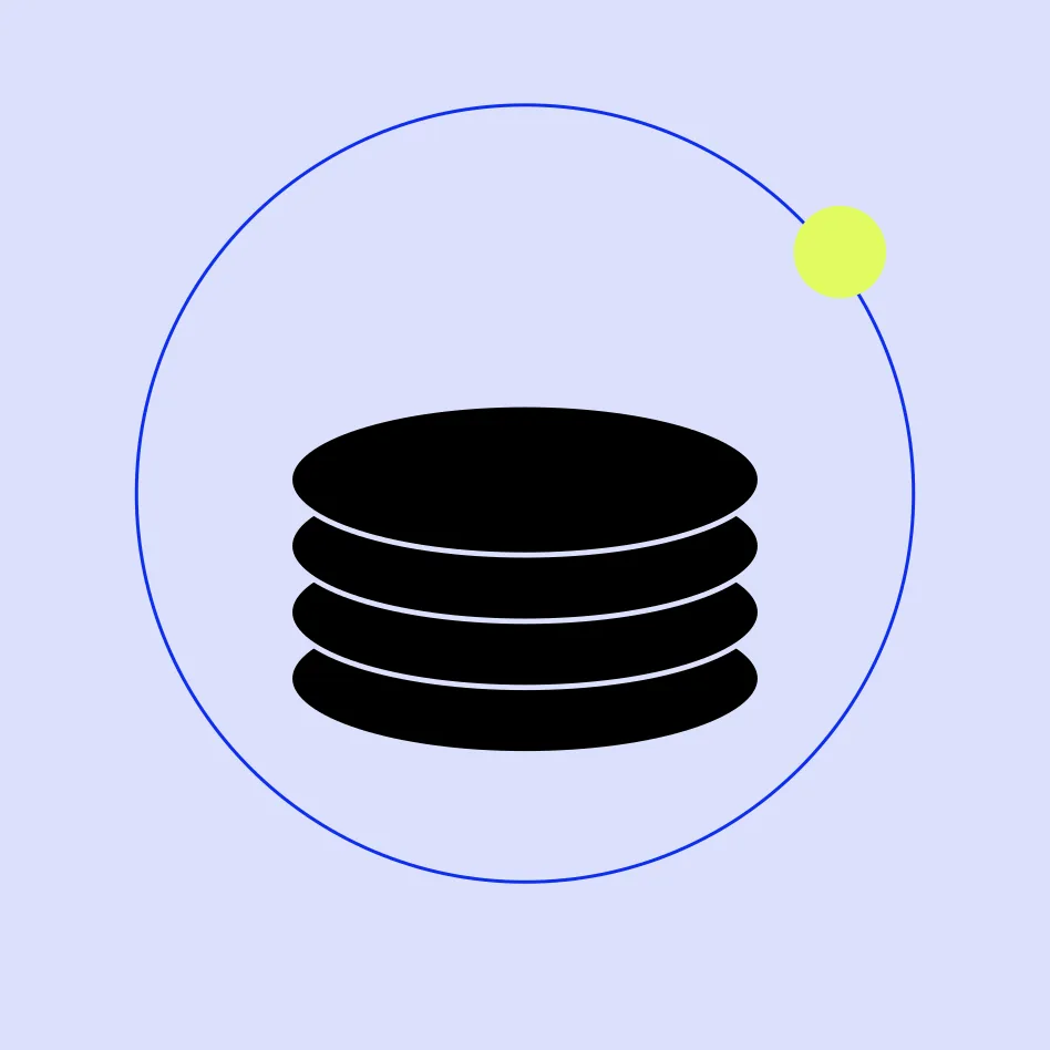 Abstract graphic: a stack of black discs inside a thin blue circle outline, with a lime dot on the rim, on a periwinkle field.