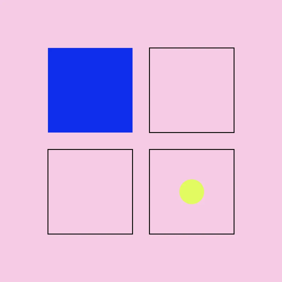 Abstract graphic: a two-by-two grid of squares, one filled blue and three outlined, with a lime dot in the bottom-right square, on a pink field.