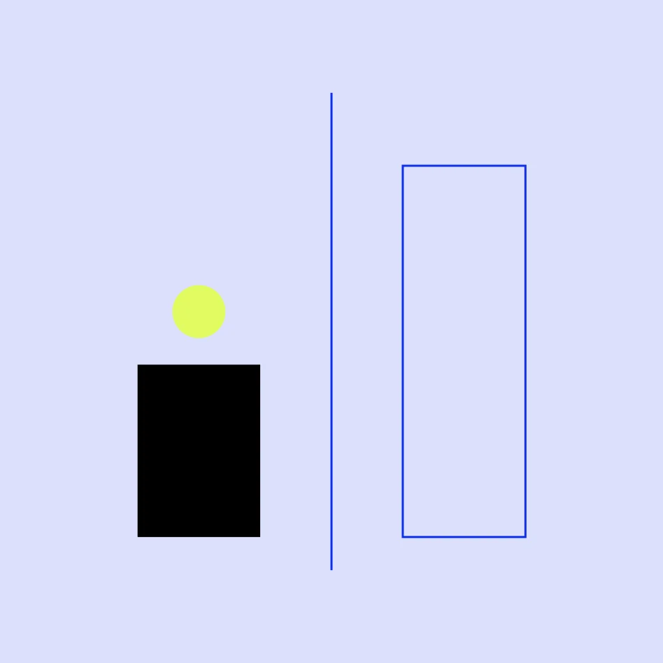 Abstract graphic: a black rectangle and a taller outlined blue rectangle either side of a vertical line, with a lime dot, on a periwinkle field.