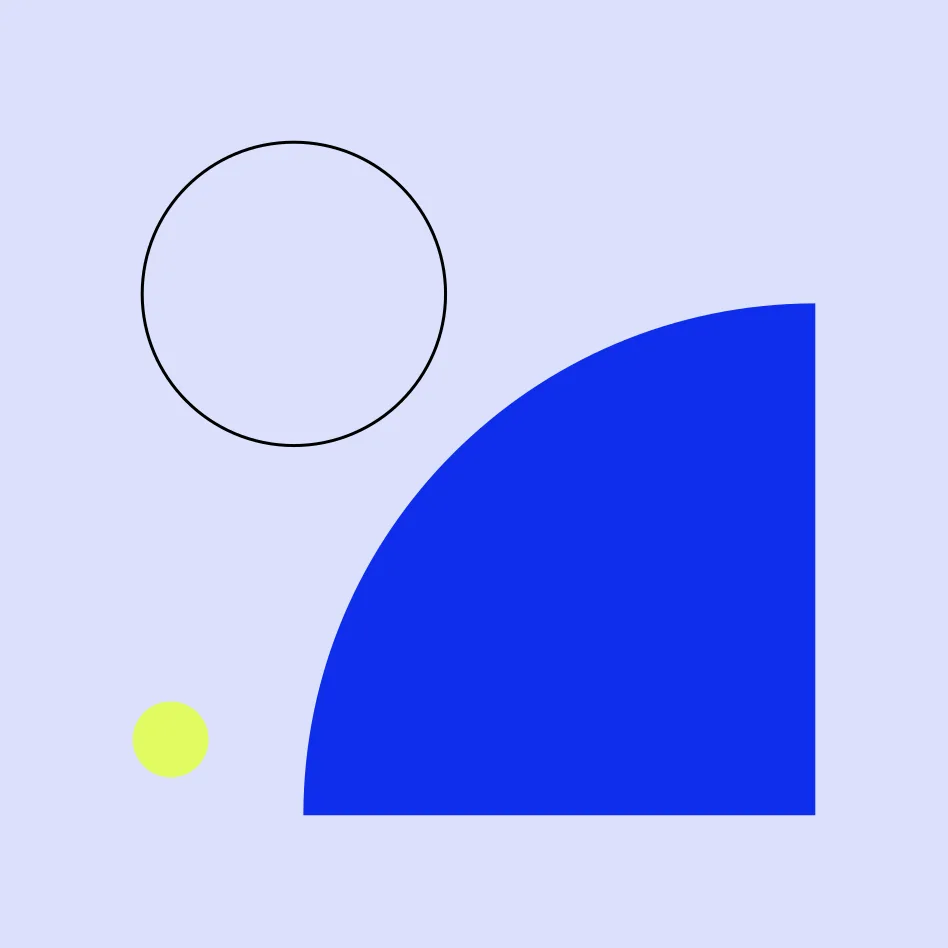 Abstract graphic: a large blue quarter-circle with an outlined circle above it and a lime dot, on a periwinkle field.