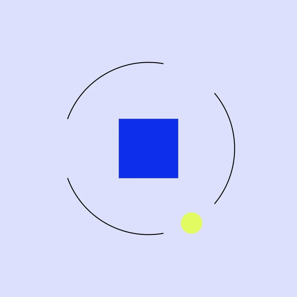 Abstract graphic: a blue square ringed by two thin arcs, like a cycle, with a lime dot, on a periwinkle field.