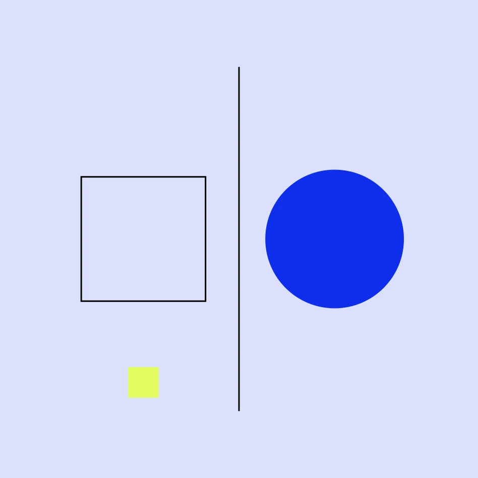 Abstract graphic: an outlined square and a solid blue circle either side of a vertical dividing line, with a lime square, on a periwinkle field.