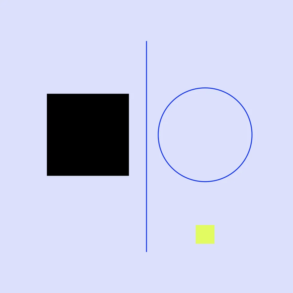 Abstract graphic: a solid black square and an outlined blue circle either side of a vertical dividing line, with a lime square, on a periwinkle field.