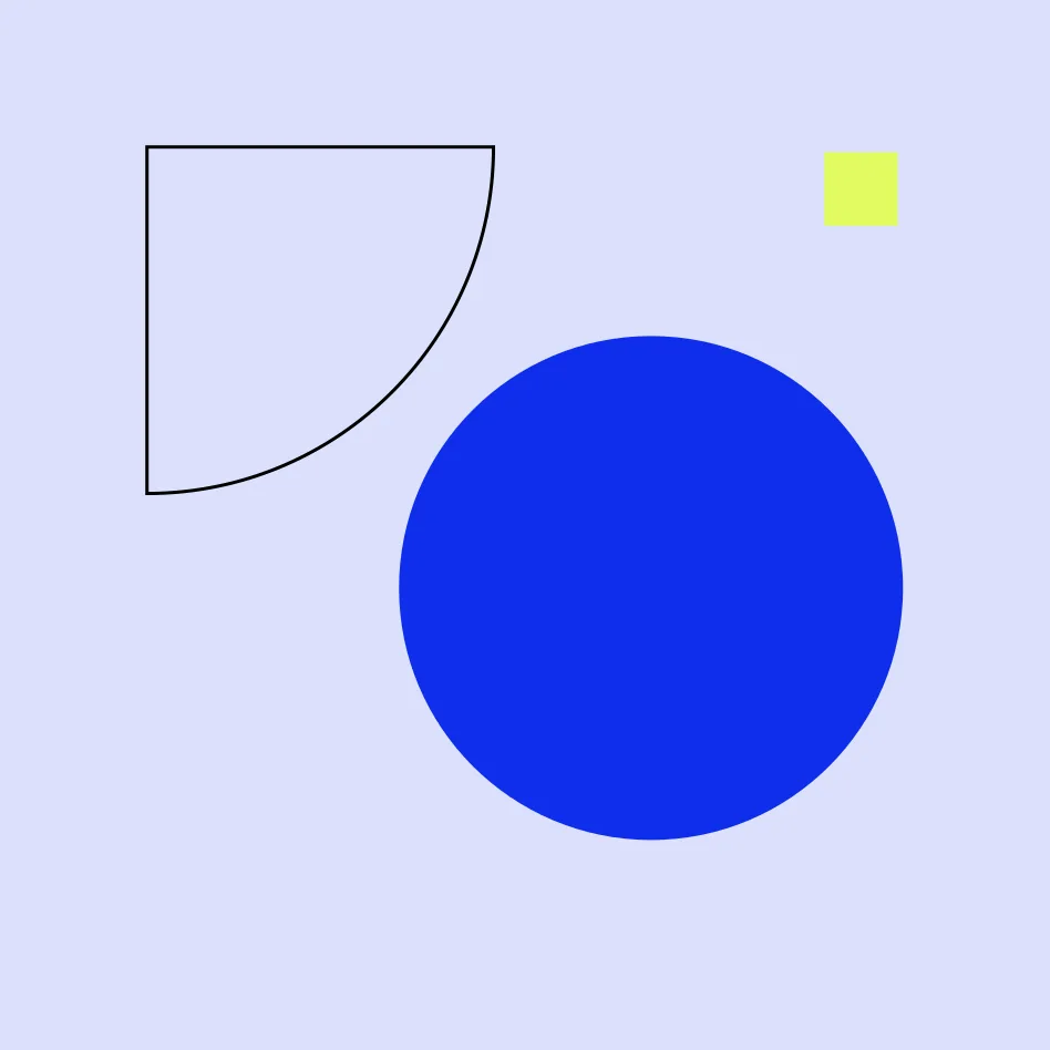 Abstract graphic: a large blue circle beside an outlined quarter-circle, with a small lime square, on a periwinkle field.