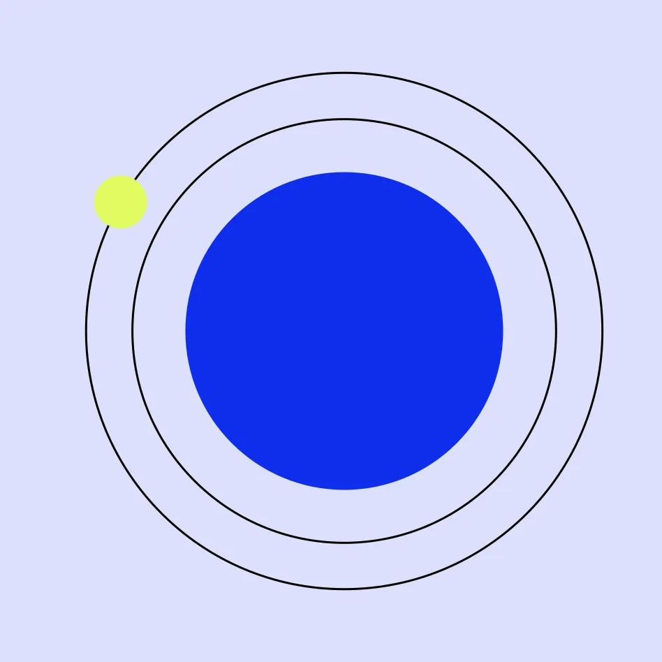Abstract graphic: a blue circle inside two concentric outline rings, with a lime dot on the outer ring, on a periwinkle field.