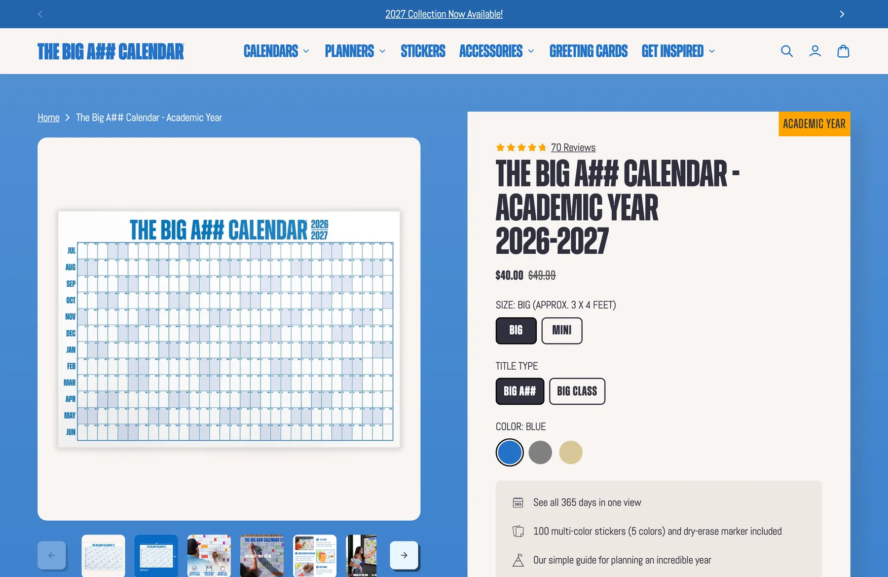 Product page for the Big Ass Calendar Academic Year 2026–2027, with size, title type and color chosen in one buy box beside the product gallery.