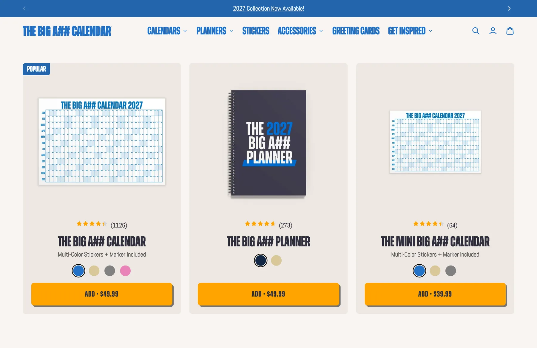Collection page with one card for each product, the calendar, the planner and the mini calendar, showing its color swatches and an Add button.