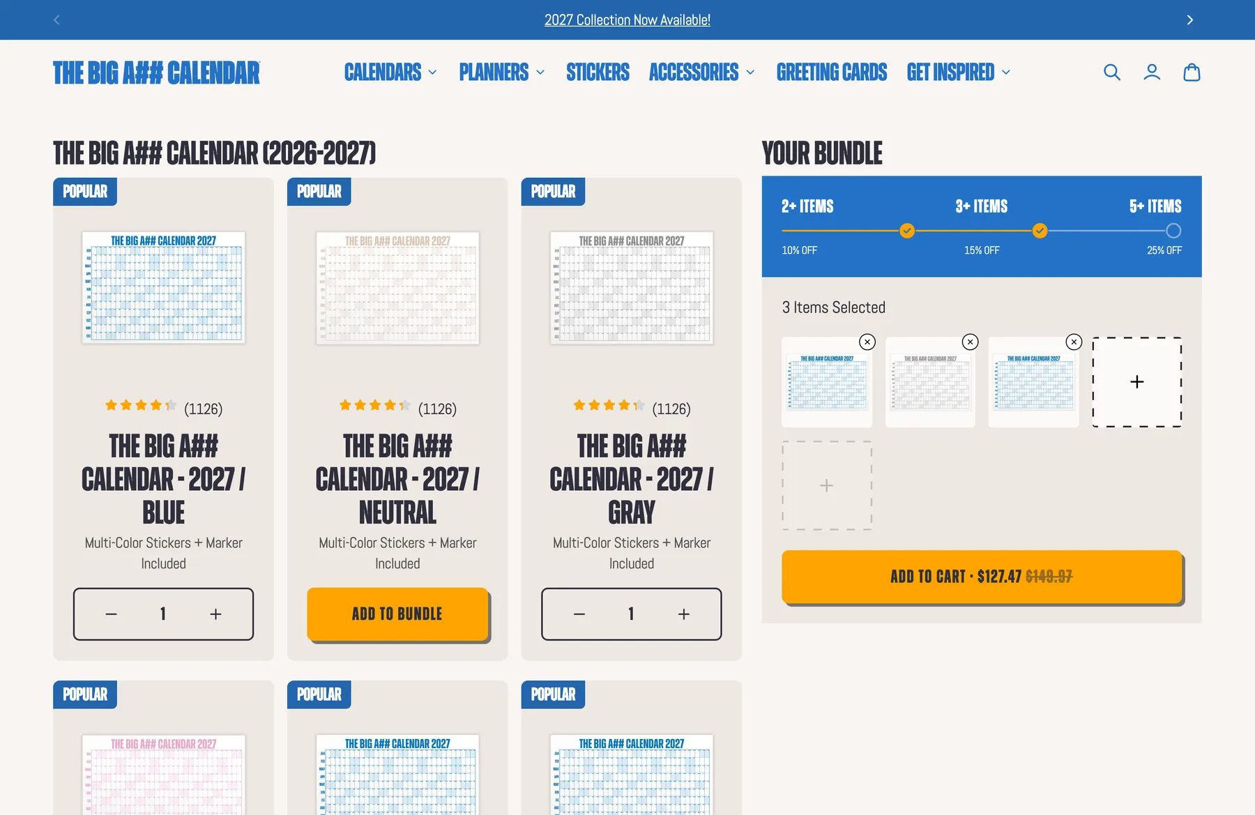 Build Your Bundle page, with a progress bar showing 10% off at two items, 15% at three and 25% at five. Three calendars are in the bundle and the cart button shows $127.47, down from $149.97.