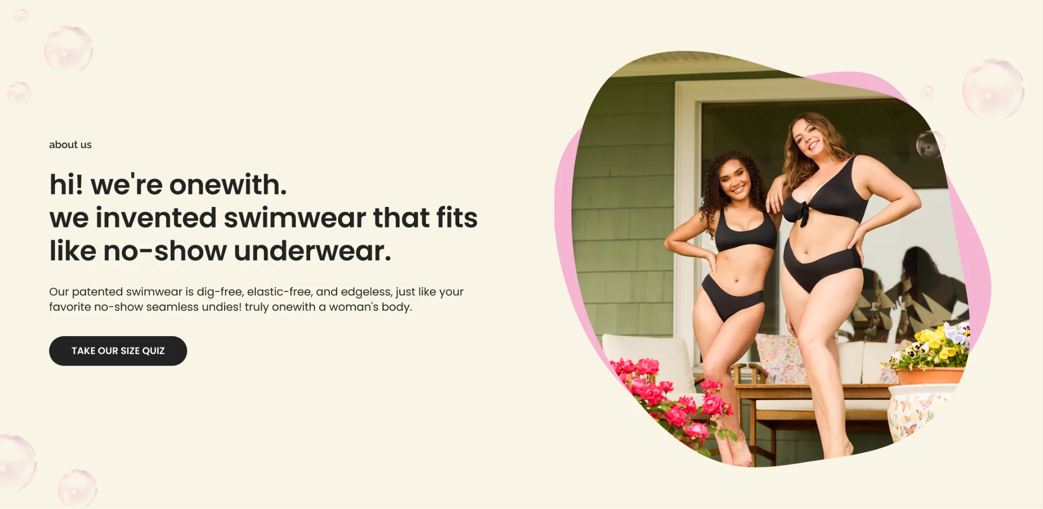 onewith’s about section — swimwear that fits like no-show underwear — with a size-quiz button beside a photo of two models in black swimwear.