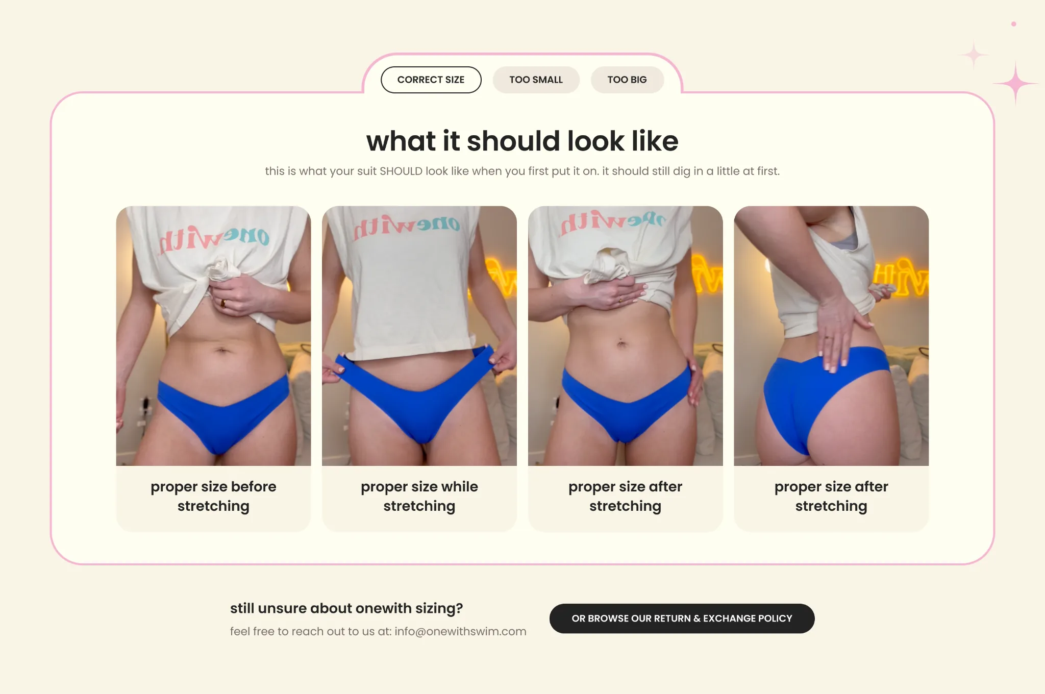 onewith’s fit guide, with tabs for correct size, too small and too big, and four photos of the same suit before, during and after stretching.