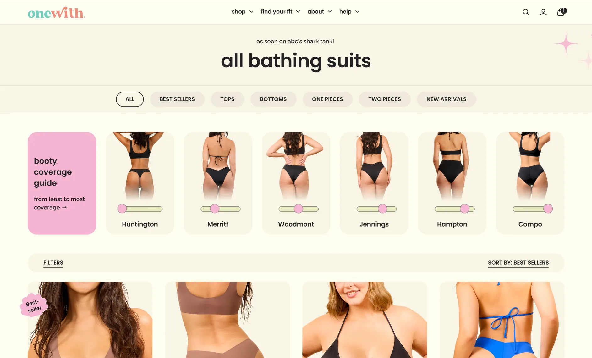 onewith’s bathing suits collection page, with category tabs and a booty coverage guide showing six fits ordered from least to most coverage.