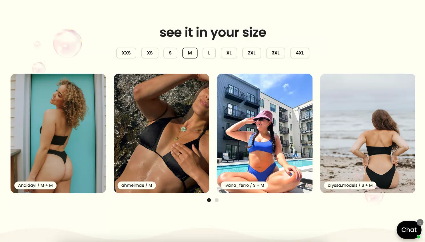 onewith’s see-it-in-your-size module: a row of size buttons above customer photos, each tagged with the size that shopper is wearing.