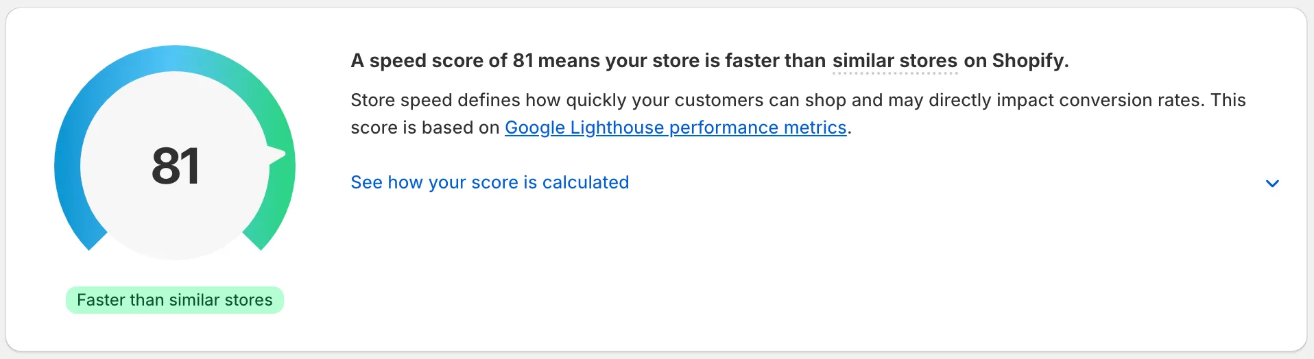TileCloud's Performance Score: February 12, 2024 Shopify store speed score of 81, labelled faster than similar stores on Shopify.